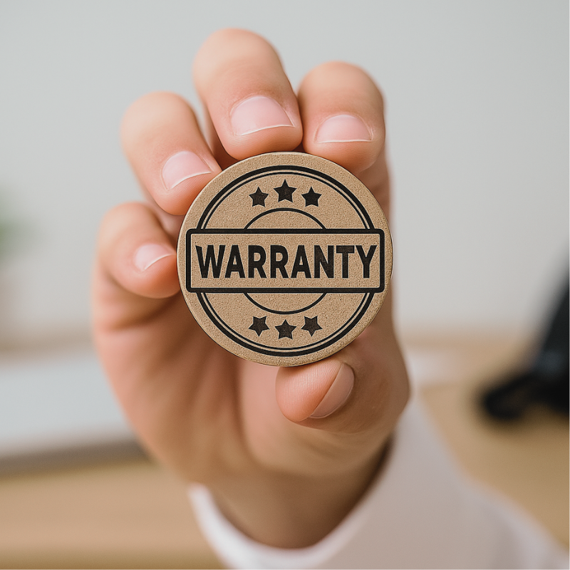 A hand holds a token that says warranty