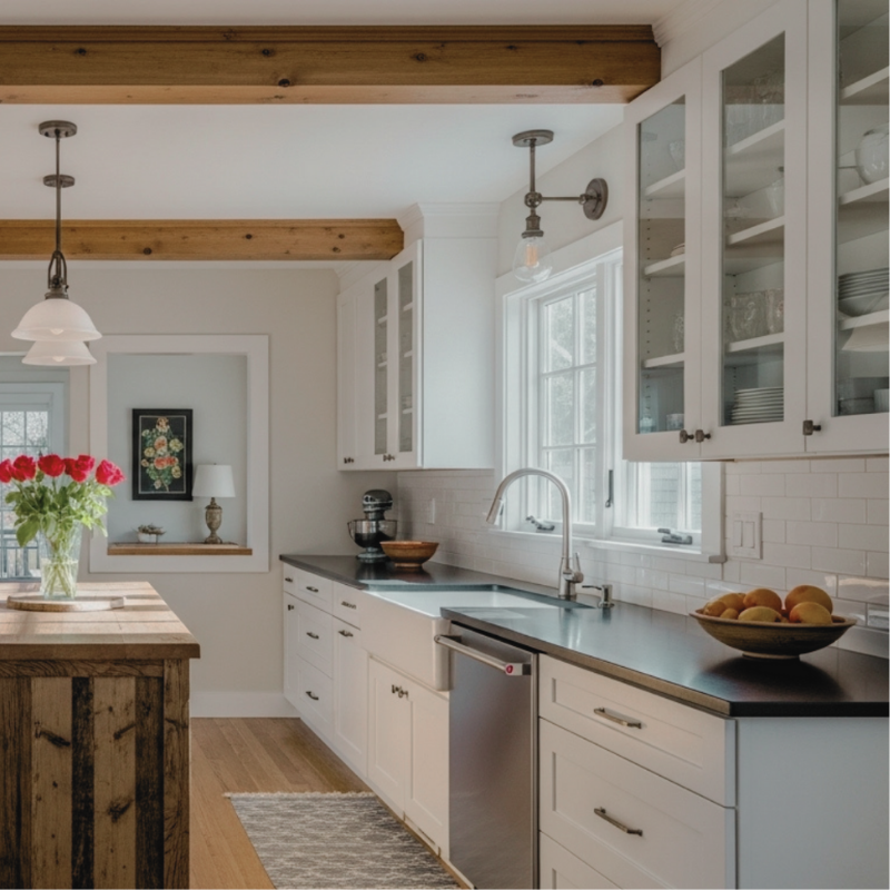 A sensible kitchen with a solid wood floor