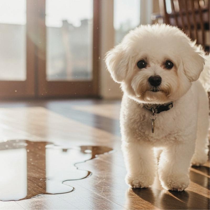 A small dog stands near a puddle on a hardwood floor