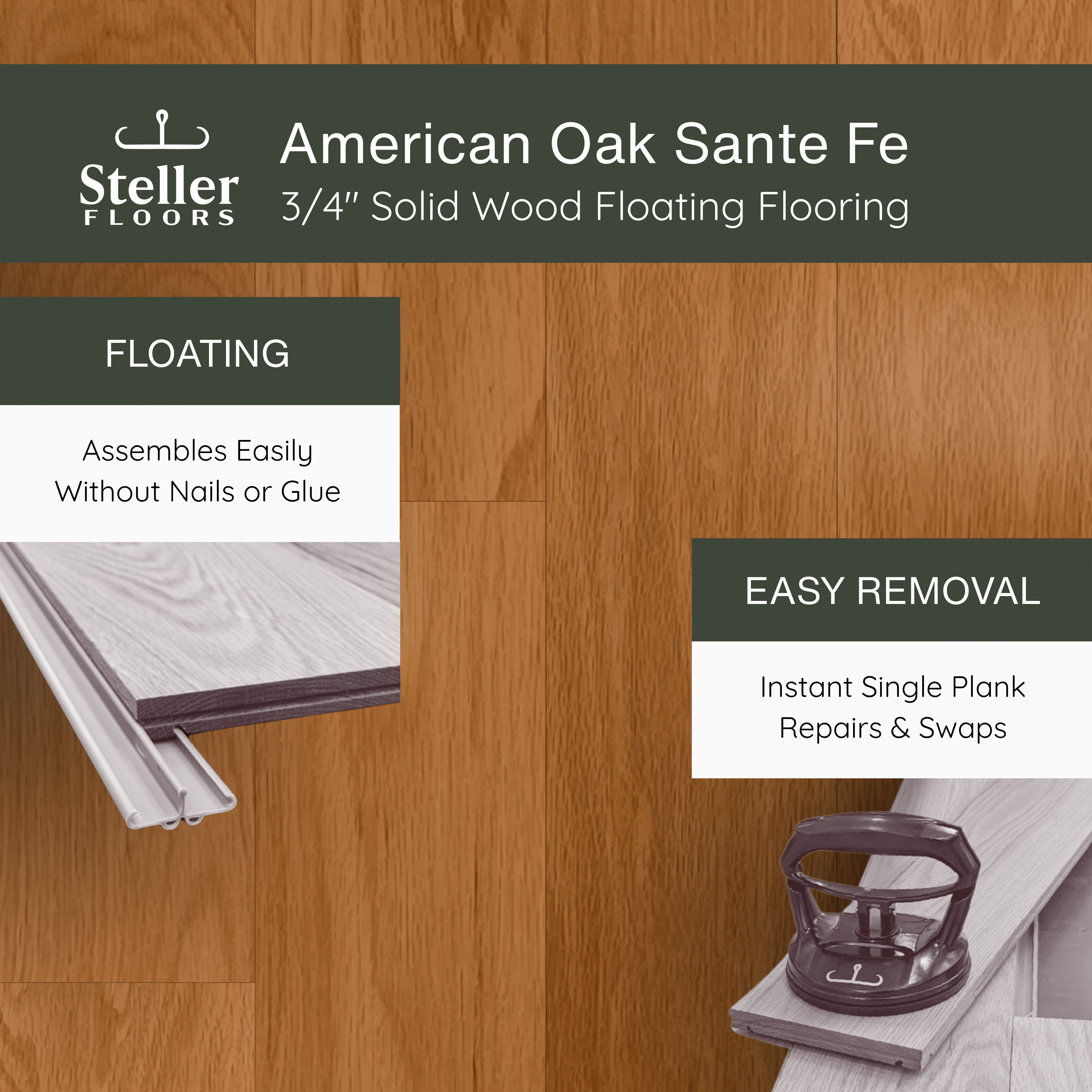 American Oak Santa Fe by Steller Floors - 3/4" Solid Wood Floating System & Free Shipping