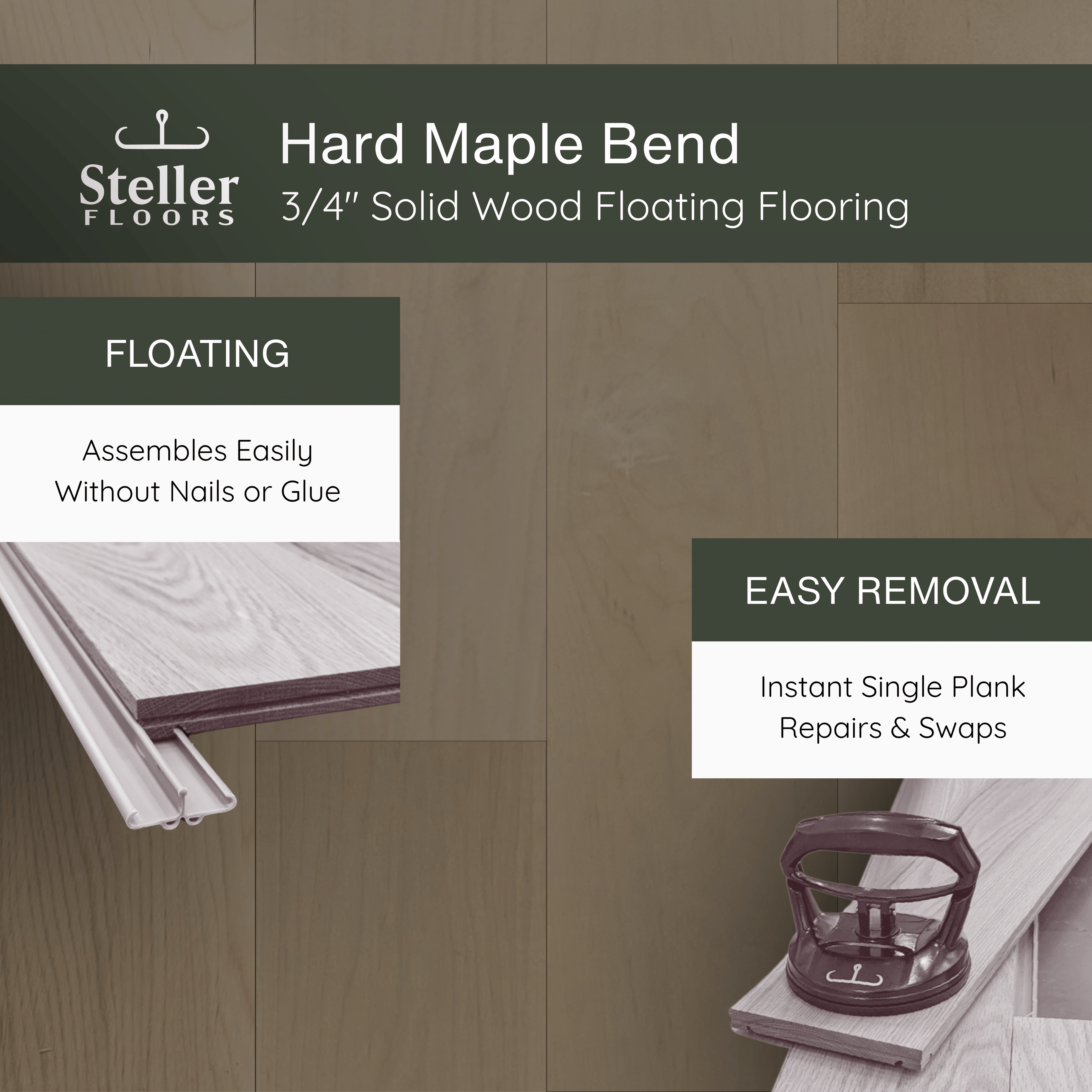 Hard Maple Bend by Steller Floors - 3/4" Solid Wood Floating System & Free Shipping