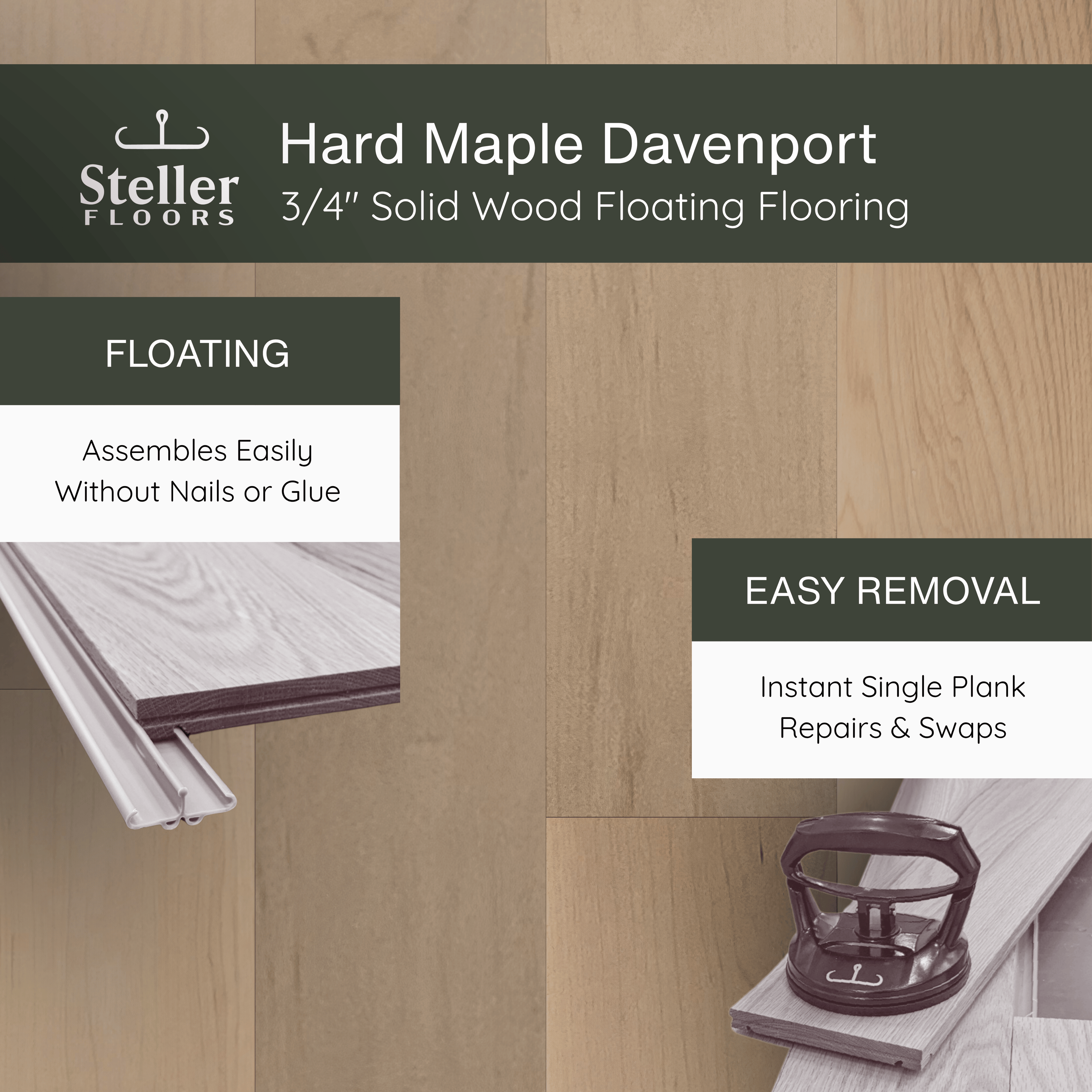 Hard Maple Davenport by Steller Floors - 3/4" Solid Wood Floating System & Free Shipping