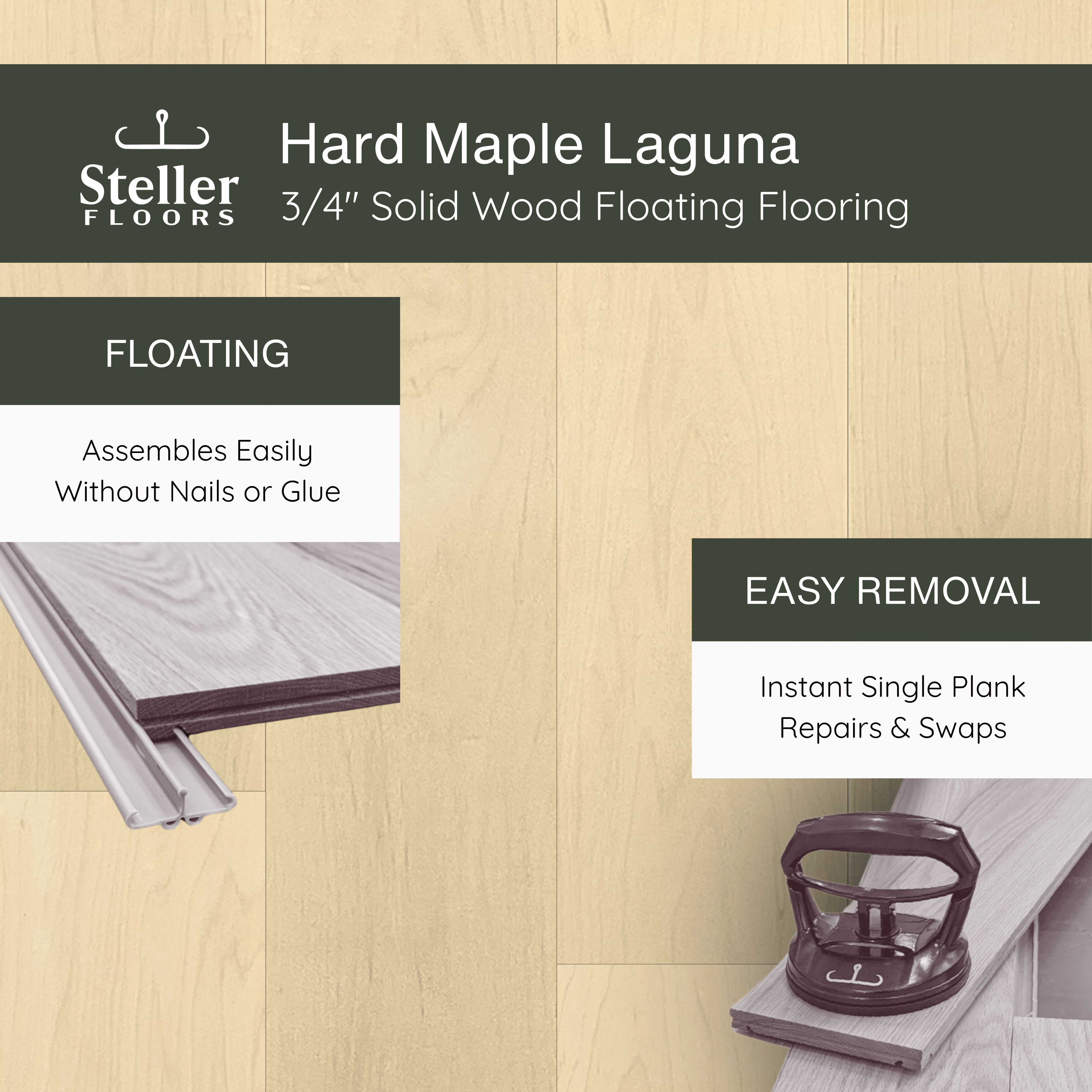 Hard Maple Laguna by Steller Floors - 3/4" Solid Wood Floating System & Free Shipping