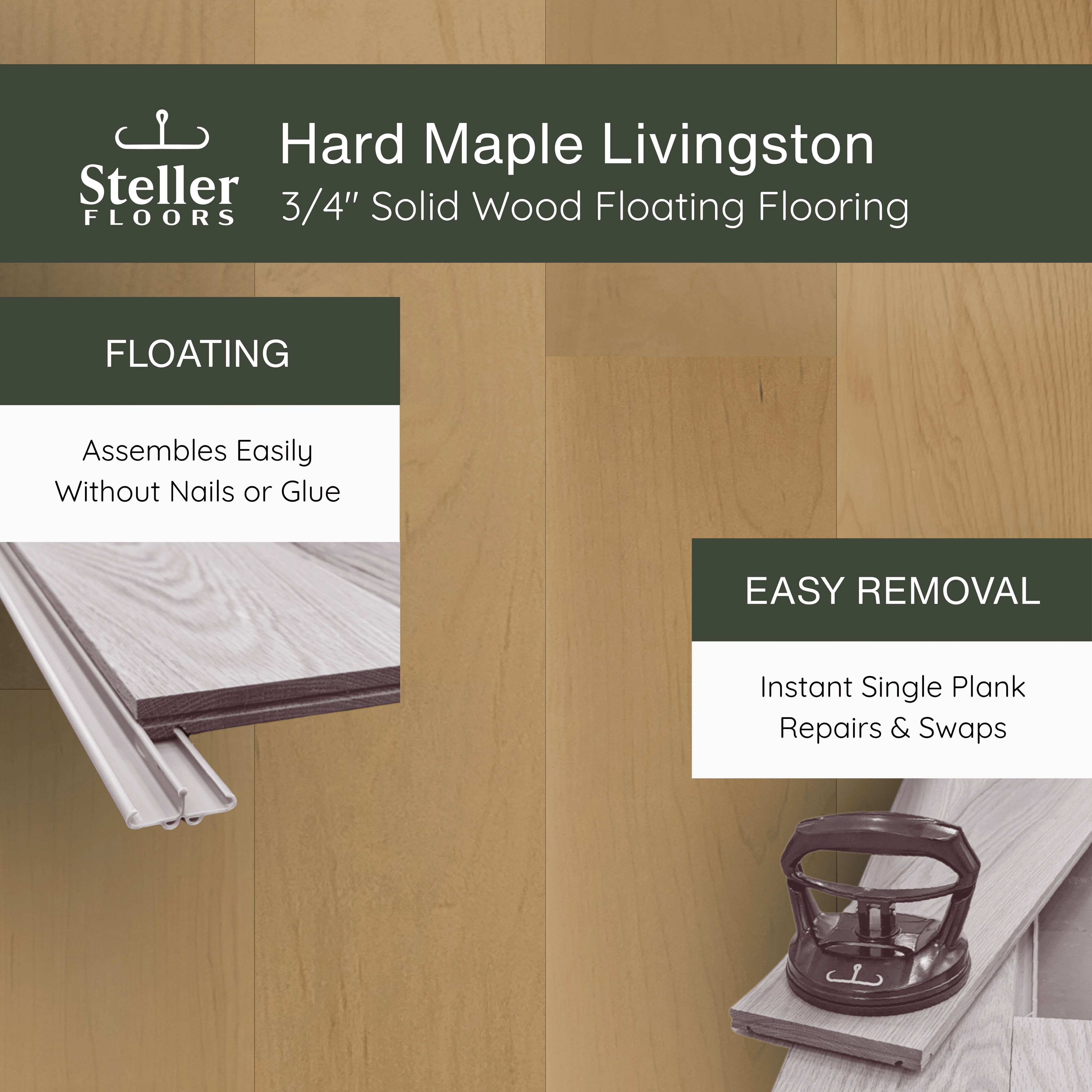 Hard Maple Livingston by Steller Floors - 3/4" Solid Wood Floating System & Free Shipping