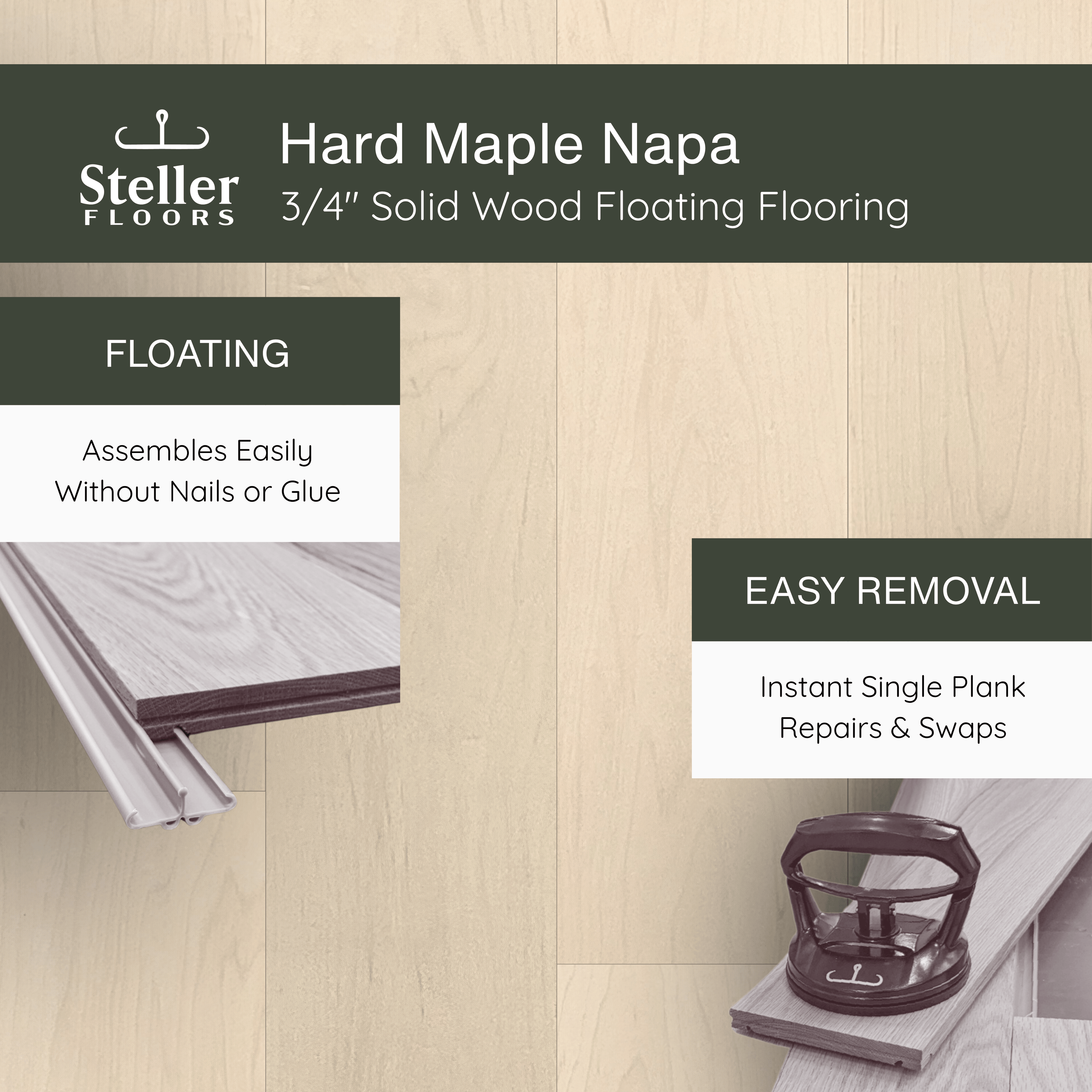 Hard Maple Napa by Steller Floors - 3/4" Solid Wood Floating System & Free Shipping