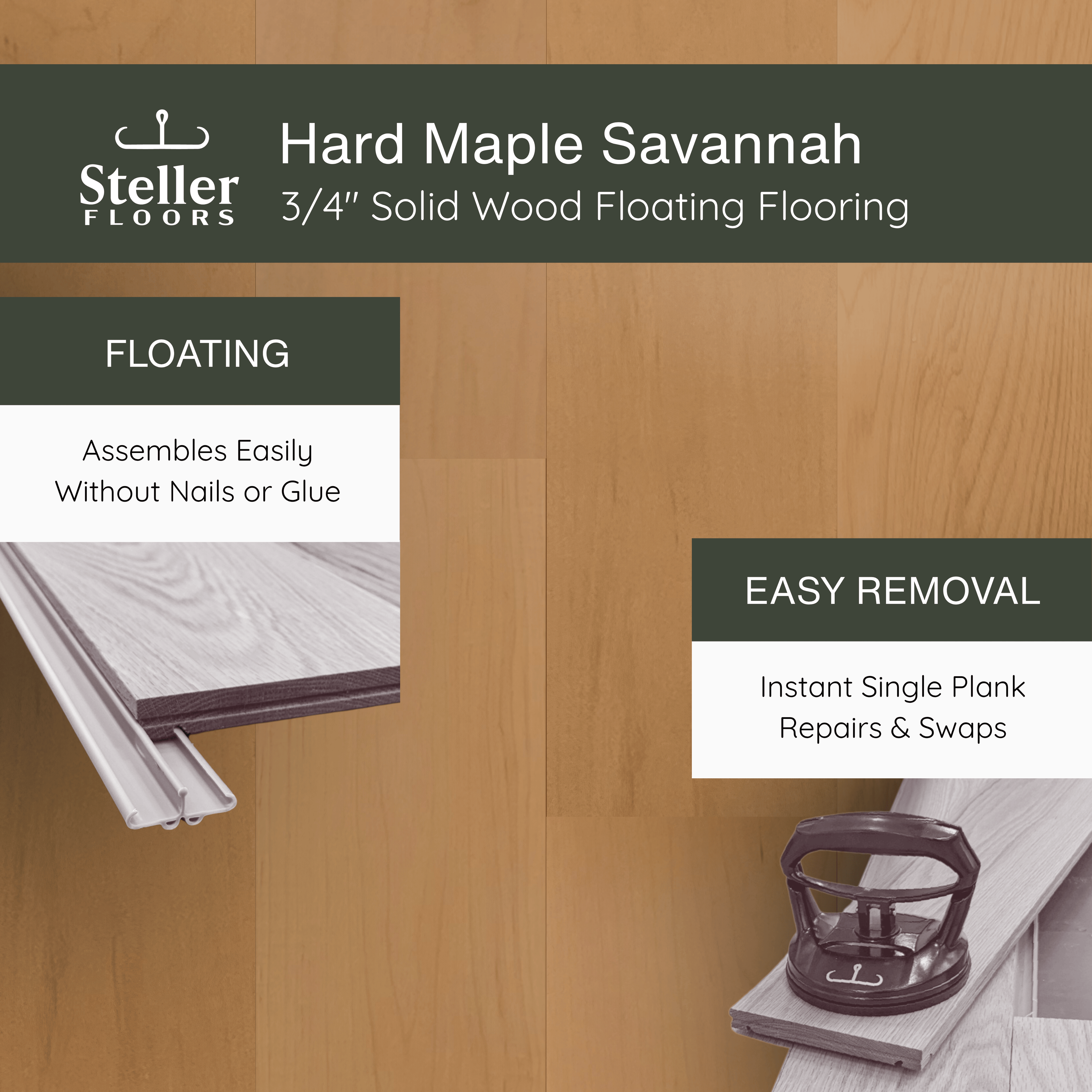 Hard Maple Savannah by Steller Floors - 3/4" Solid Wood Floating System & Free Shipping