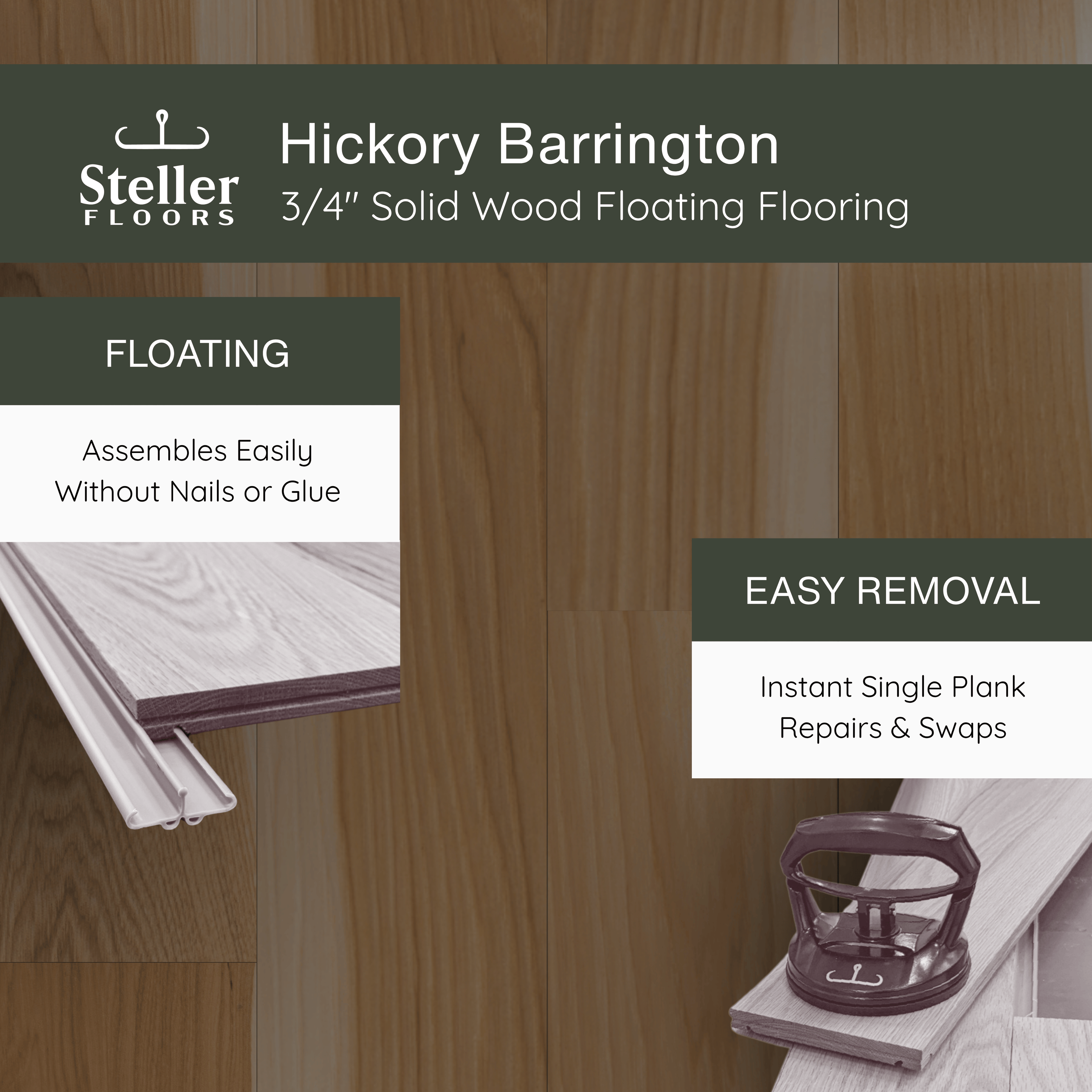 Hickory Barrington by Steller Floors - 3/4" Solid Wood Floating System & Free Shipping