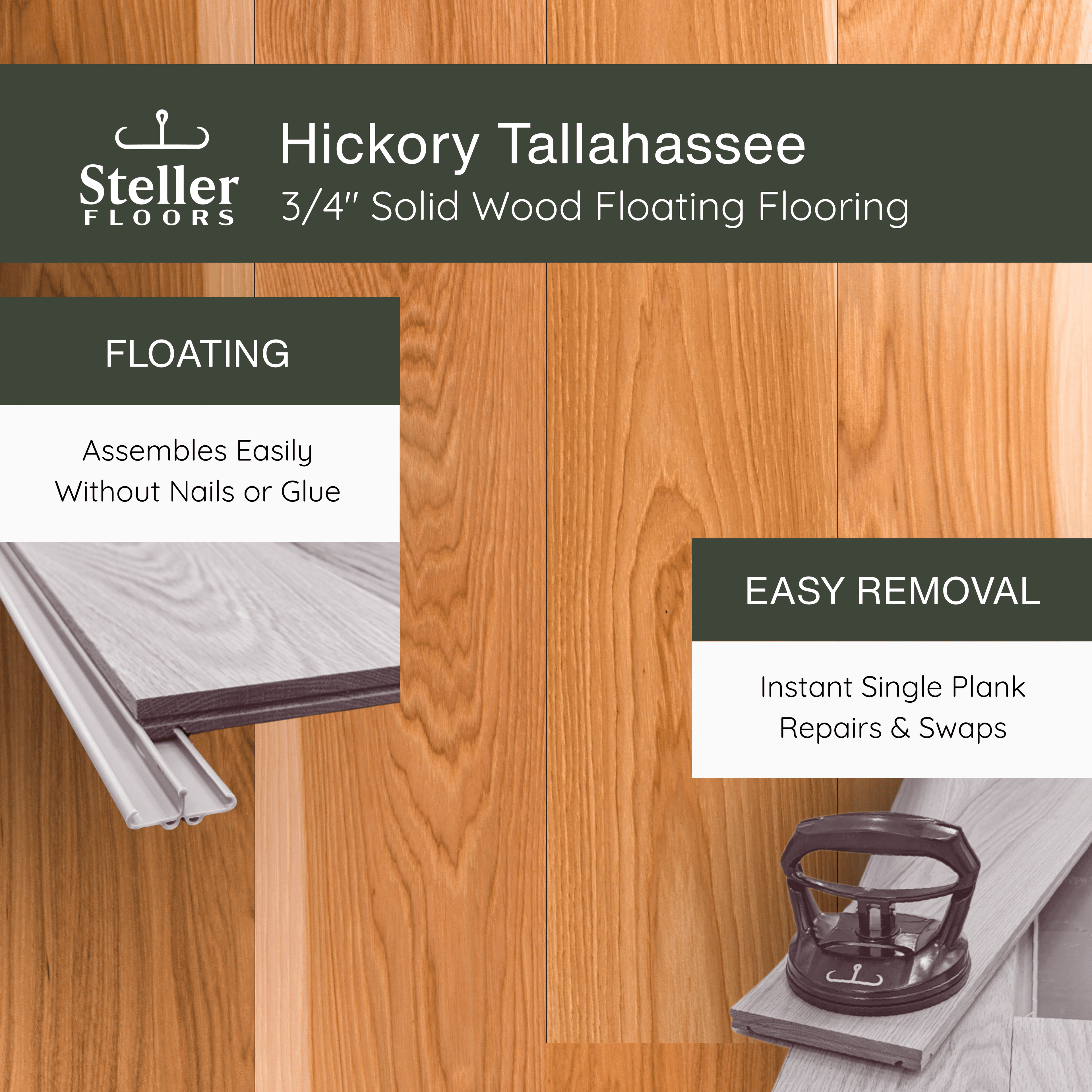 Hickory Tallahassee by Steller Floors - 3/4" Solid Wood Floating System & Free Shipping