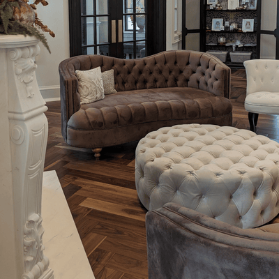 Luxury Retail by Steller Floors in Solid Walnut Herringbone- Fireplace and Furniture