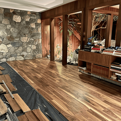 Steller Floating Solid Wood Floors in DIY Renovations - Linear Lay Tahoe Walnut Mid Century Reno - Concrete Subfloor - Before