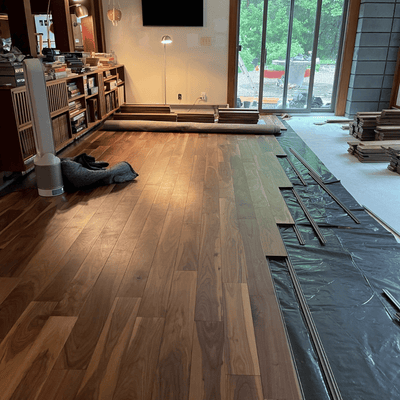 Steller Floating Solid Wood Floors in DIY Renovations - Linear Lay Tahoe Walnut Mid Century Reno - Concrete Subfloor
