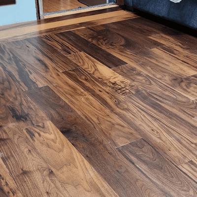 Steller Floating Solid Wood Floors in DIY Renovations - Tahoe walnut with Lexington Oak Border